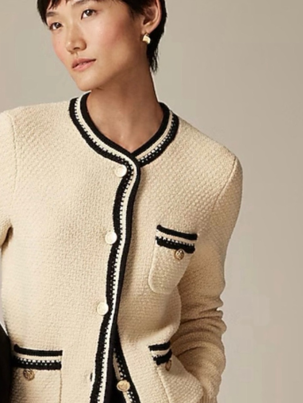 J.Crew Bouclé Knit Jacket Cream Ivory Black Trim Gold Crest Buttons Cropped M
